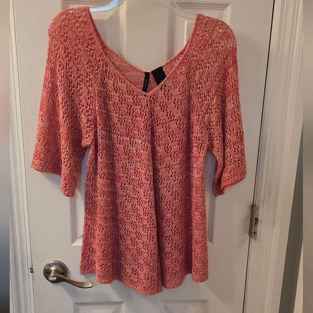 New Directions Women's Pink/multi Open Weave V-Neck Top, Size L (1206)